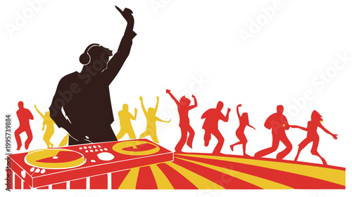 Dj raising hand while crowd dances energetically around vibrant red and yellow turntable at lively party