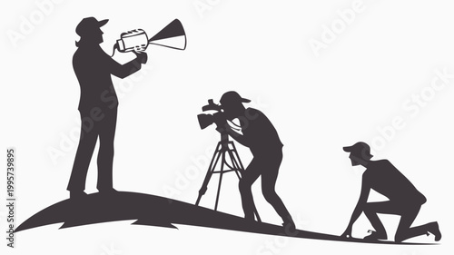 Film crew team working on movie set with director holding megaphone and camera operators on location