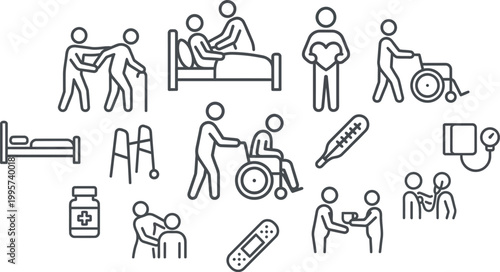 Caregiver symbols demonstrate essential assistance and support services for elderly patients in a simple line art style.