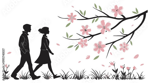 Couple walking side by side under blooming cherry blossom tree in spring