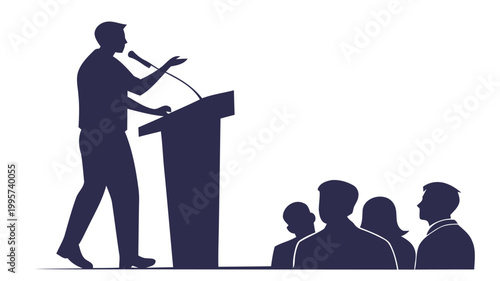 Silhouette of a speaker standing confidently at a podium addressing an audience in a formal presentation setting with a microphone