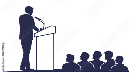 Silhouette of a speaker standing confidently at a podium addressing a group of people in a formal presentation setting with a microphone