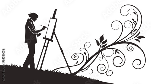 Silhouette of artist standing with easel and paint on grassy hill with floral design