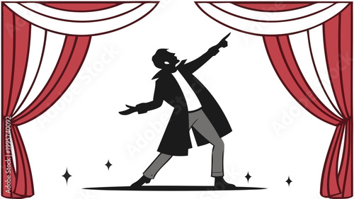 Dramatic actor performs on stage with red curtains and spotlight theatrical performance concept