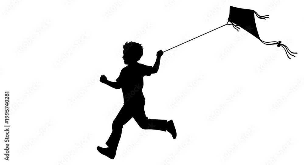 Fototapeta premium Black silhouette of a boy running with a kite, isolated on transparent background