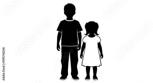 Tableau sur toile Black silhouette of a boy and a girl standing side by side, isolated on transpar