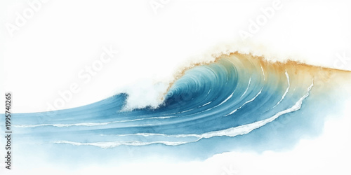 A powerful blue ocean wave splashes with white foam against a summer sky, capturing the motion of a big sea tide in a rough nature landscape