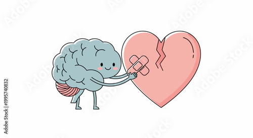 Cartoon brain with pink cheeks and legs on white background
