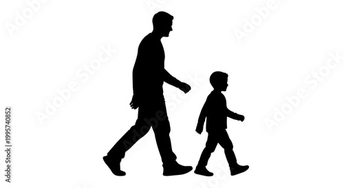 Silhouette of a man and a boy walking side by side, isolated on transparent background