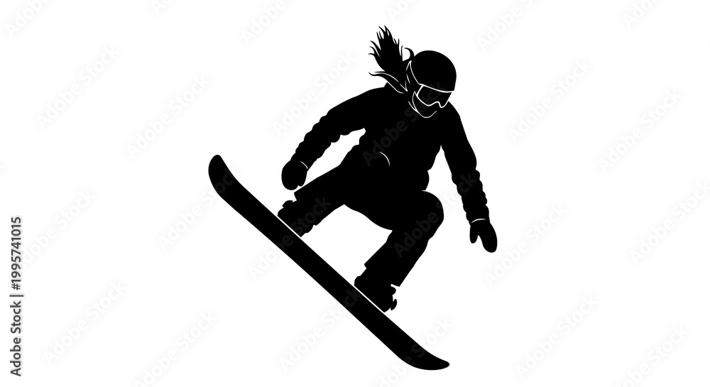 Fototapeta premium Black silhouette of a female snowboarder mid-air, isolated on transparent background