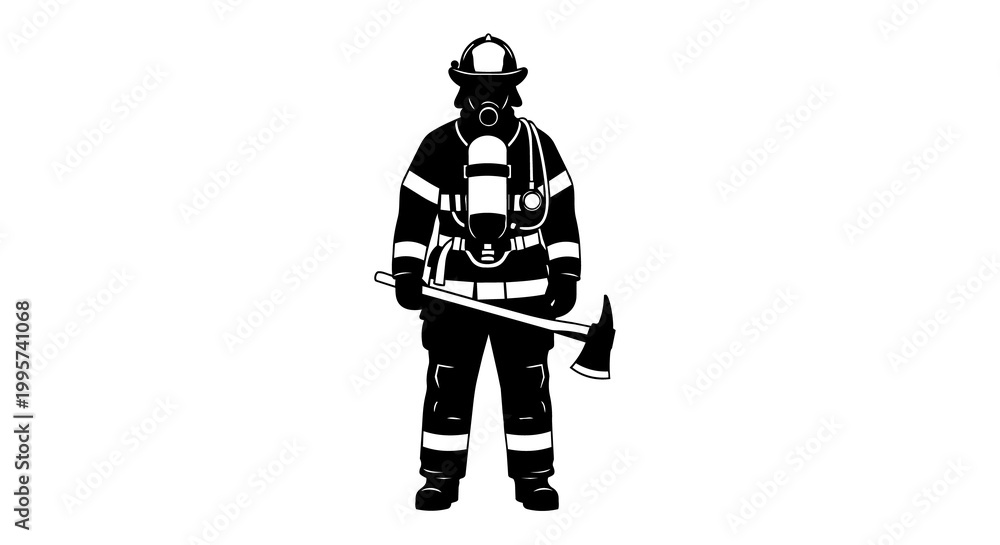 Obraz premium Firefighter in protective gear with axe, isolated on transparent background