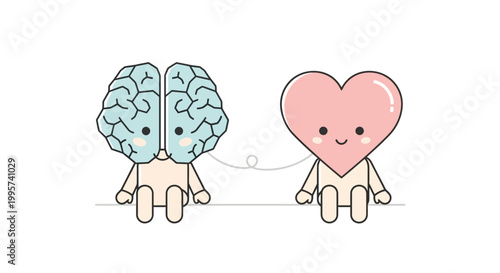 Cute cartoon brain character sitting on a thin line