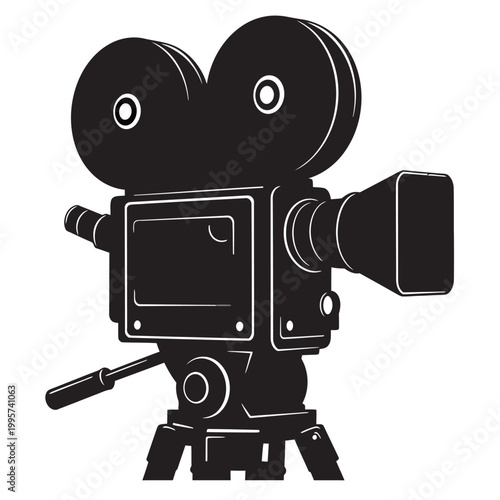 Black silhouette of a vintage film camera icon in a simple flat design style.