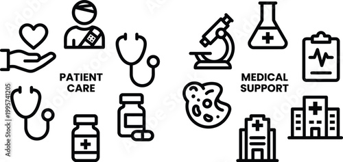 Medical icons representing patient care and support are arranged to illustrate clinical services and hospital operations.