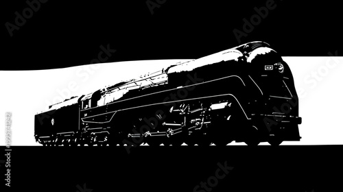 A large steam engine, depicted in striking black and white silhouette, angled