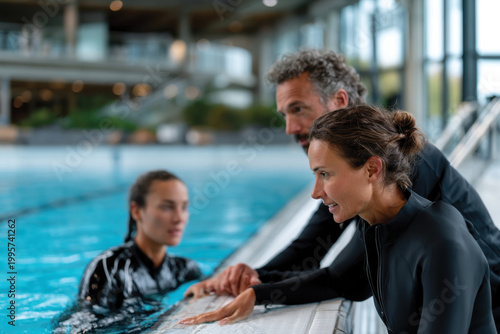 A poolside scene showcasing two coaches interacting with swimmers during training, emphasizing teamwork and guidance in a competitive swimming environment.