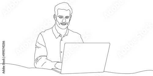 Young man using laptop in modern workspace, focused professional working online, minimal clean background, remote work and digital lifestyle concept, casual outfit with technology use, freelance and o