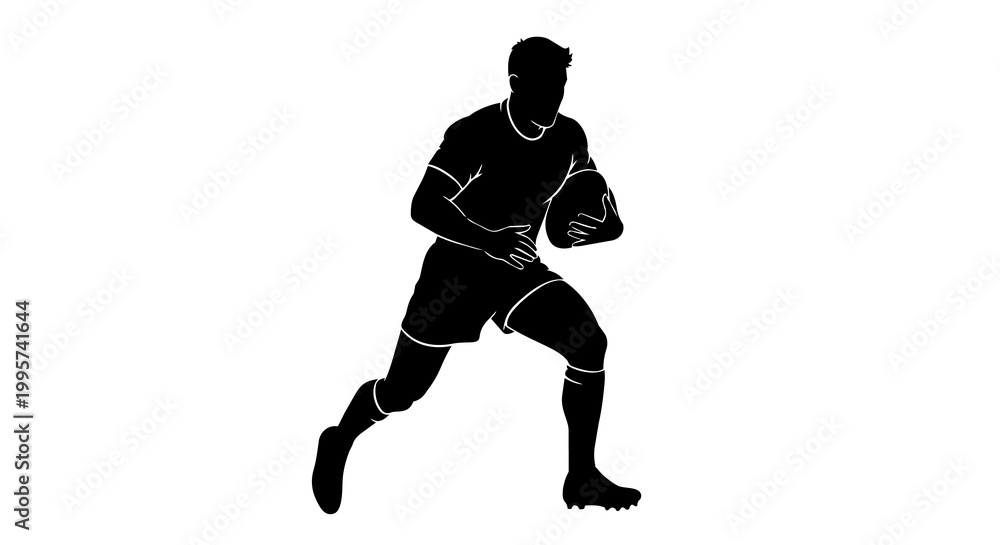 Fototapeta premium Black silhouette of a rugby player running with ball, isolated on transparent background