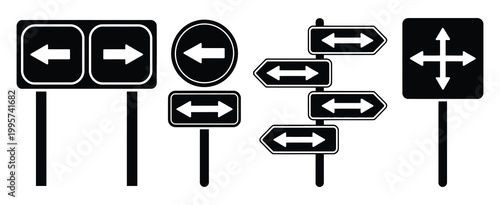 Signpost editable traffic symbols stopping boards with directional arrows in multiple directions vector illustration isolated, road navigation concept showing guidance indicators route selection 
