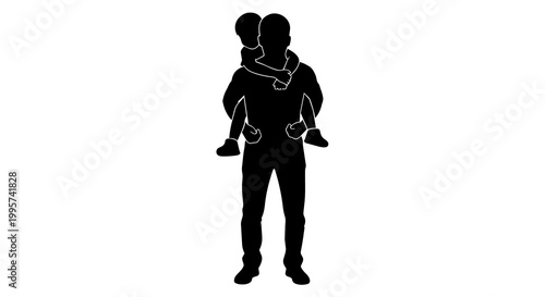 Father carrying child on shoulders, silhouette isolated on transparent background