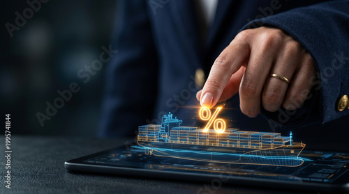 Tariff risk analysis on cargo ship and percentage icon with hand touch on tablet for trade cost planning