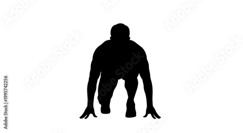 Fotografie Black silhouette of a male runner in starting position, isolated on transparent