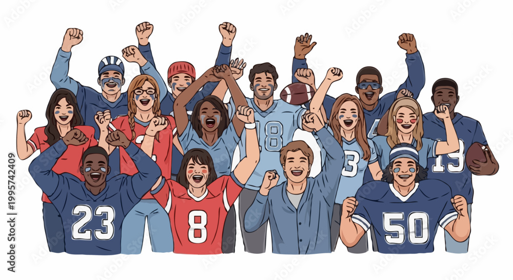 Obraz premium A crowd of excited fans celebrating and cheering for their team. A diverse group of people showing enthusiasm and joy