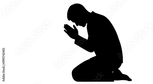 Tableau sur toile Silhouette of a man kneeling with hands clasped in prayer, isolated on transpare