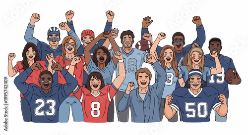 A crowd of excited fans celebrating and cheering for their team. A diverse group of people showing enthusiasm and joy