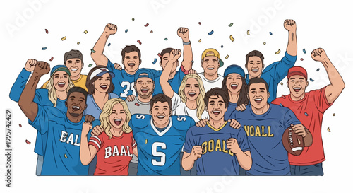 A joyful team of people happily celebrating in the game field with cheers. The group cheering, dressed in team attire with arms raised in excitement and smiles