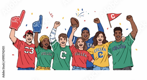 A group of students cheering at sports event with banner and football in hand, celebrating a victory or supporting their team, the image is vibrant and dynamic, capturing the excitement of the moment