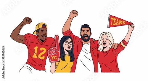 Sports fans enthusiastically supporting their team, cheering with excitement and waving a team banner. The fans are shown in a vibrant, lively pose, filled with spirit and joy