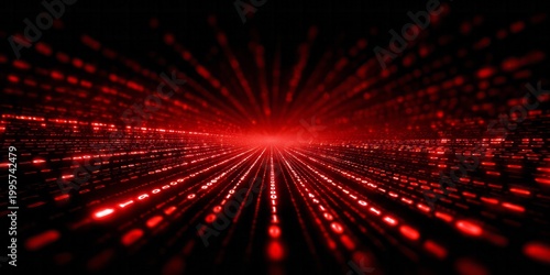 Red digital tunnel with glowing binary code streams recedes into darkness.