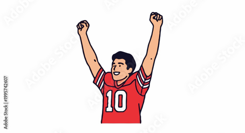 A football player celebrates a touchdown victory with his arms raised high. He is wearing a red jersey with the number 10 and has a joyful expression on his face