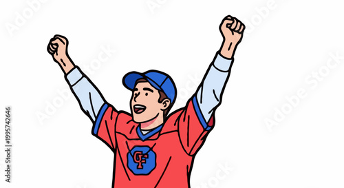 A cartoon person wearing baseball cap with their arms up in celebration