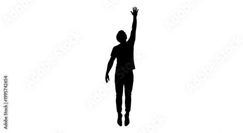 Photos Black silhouette of a person jumping with one arm raised, isolated on transparen