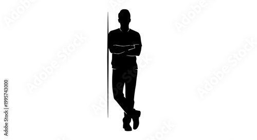 Quadro su tela Black silhouette of a man leaning against a wall arms crossed, isolated on trans