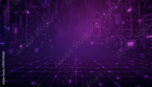 Dark purple tech grid vector background with glowing elements