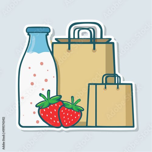 Illustration of milk bottle, strawberries, and shopping bags