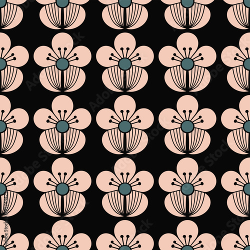Flower seamless pattern with pink and green illustrations on black background