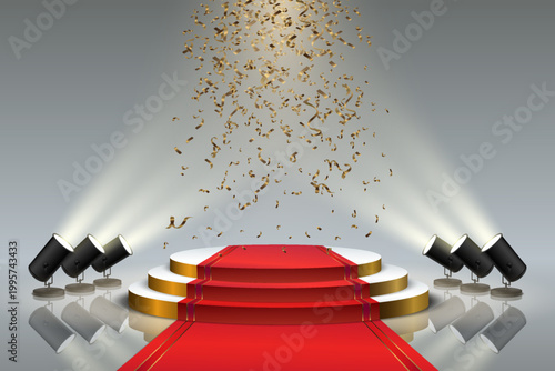 Red carpet podium with falling golden confetti, spotlight illuminating empty stage
