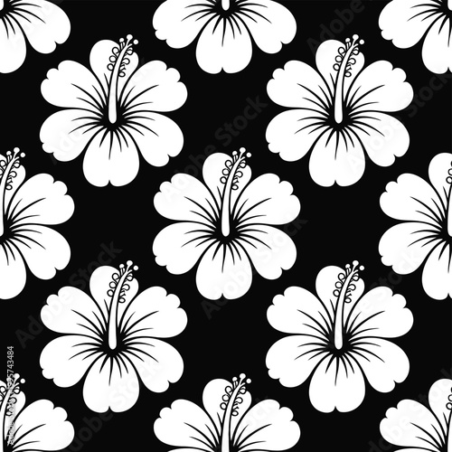 Hibiscus flower seamless pattern with white and black background