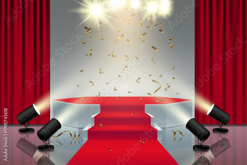 Red carpet leading to a spotlighted stage with falling golden confetti