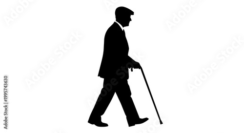 Fotografi Elderly man in suit and cap walking with cane, isolated on transparent backgroun
