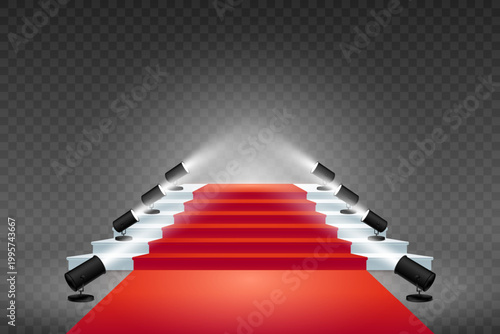 Red carpeted stairs with spotlights illuminating a path to success