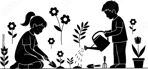 Black silhouette of children gardening, little boy and girl planting and watering flowers vector illustration