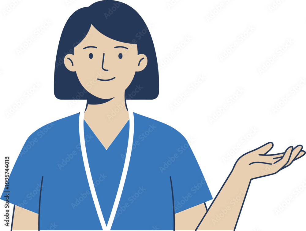 Fototapeta premium Nurse wearing blue scrubs gestures with an open hand to present information in a professional medical setting.