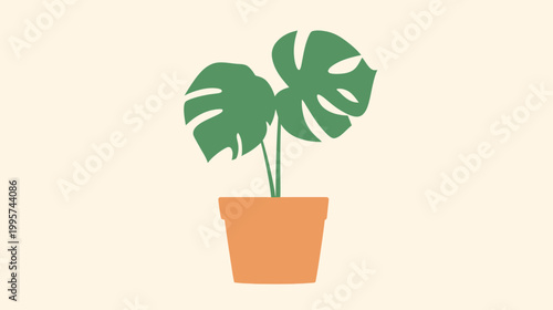 A simple illustration of a houseplant with large green leaves in an orange pot