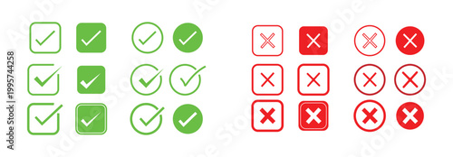Green check mark and red cross icon set with tick and x symbols in circles and squares for quality control approval and rejection isolated on white background

