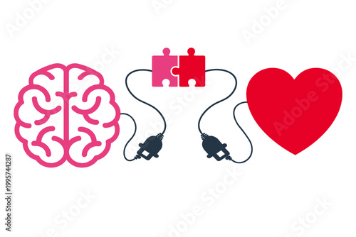 Emotional intelligence concept vector, human brain and heart connected by electrical plugs and puzzle pieces, balance between logic and feelings